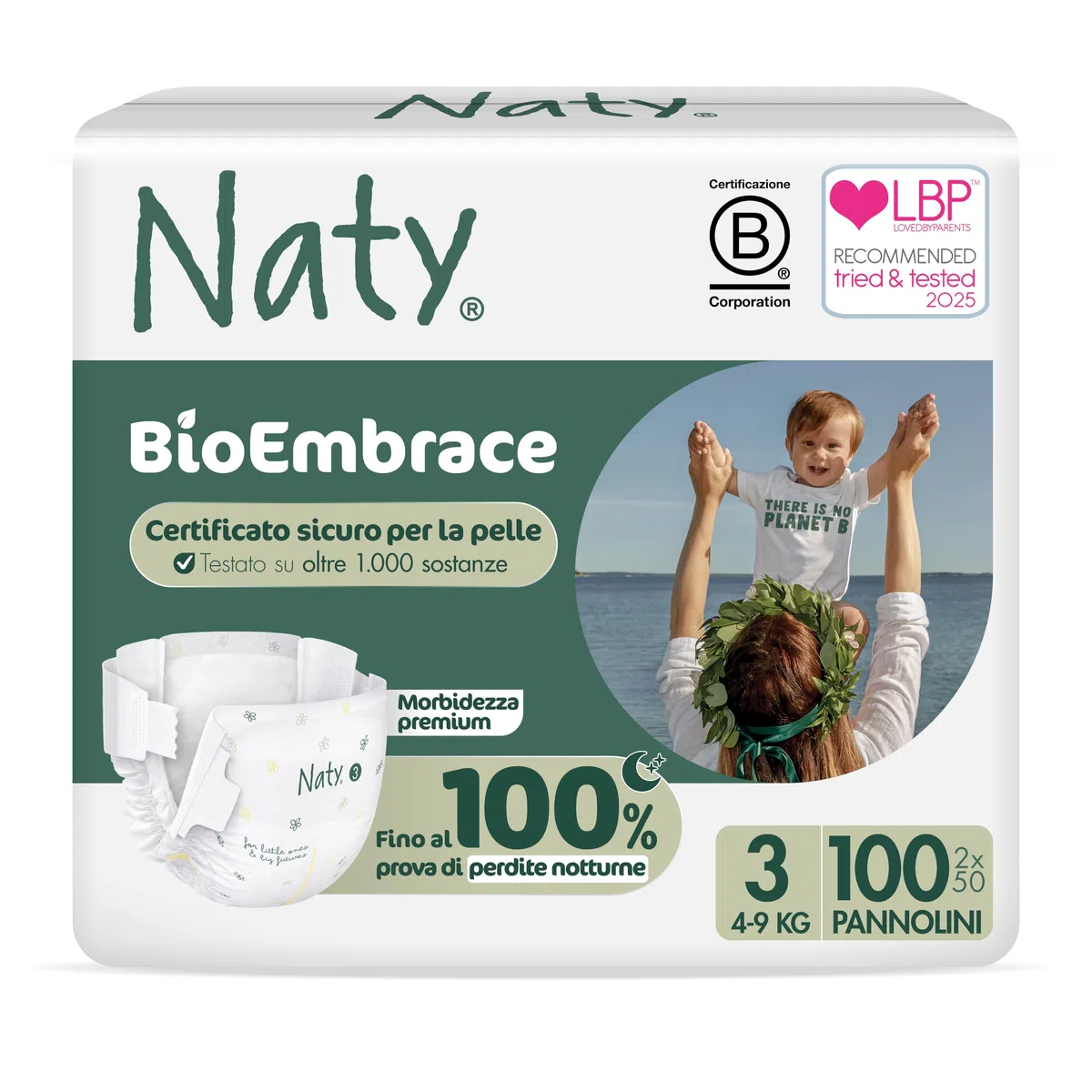 Naty BioEmbrace Pannolini per Bambini | Certificati per pelle sensibile | Protezione anti-perdite fino al 100% | Morbidezza vegetale | Senza profumo & cloro | Taglia 3 (4–9 kg), 100 pz