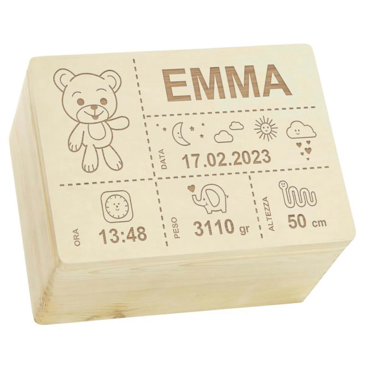 LAUBLUST Scatola dei ricordi per bambini personalizzata - Orsacchiotto | Scatola di legno decorativa | Taglia XL, ca. 40 x 30 x 24 cm, Naturale - Scatola di legno decorativa con coperchio, FSC®