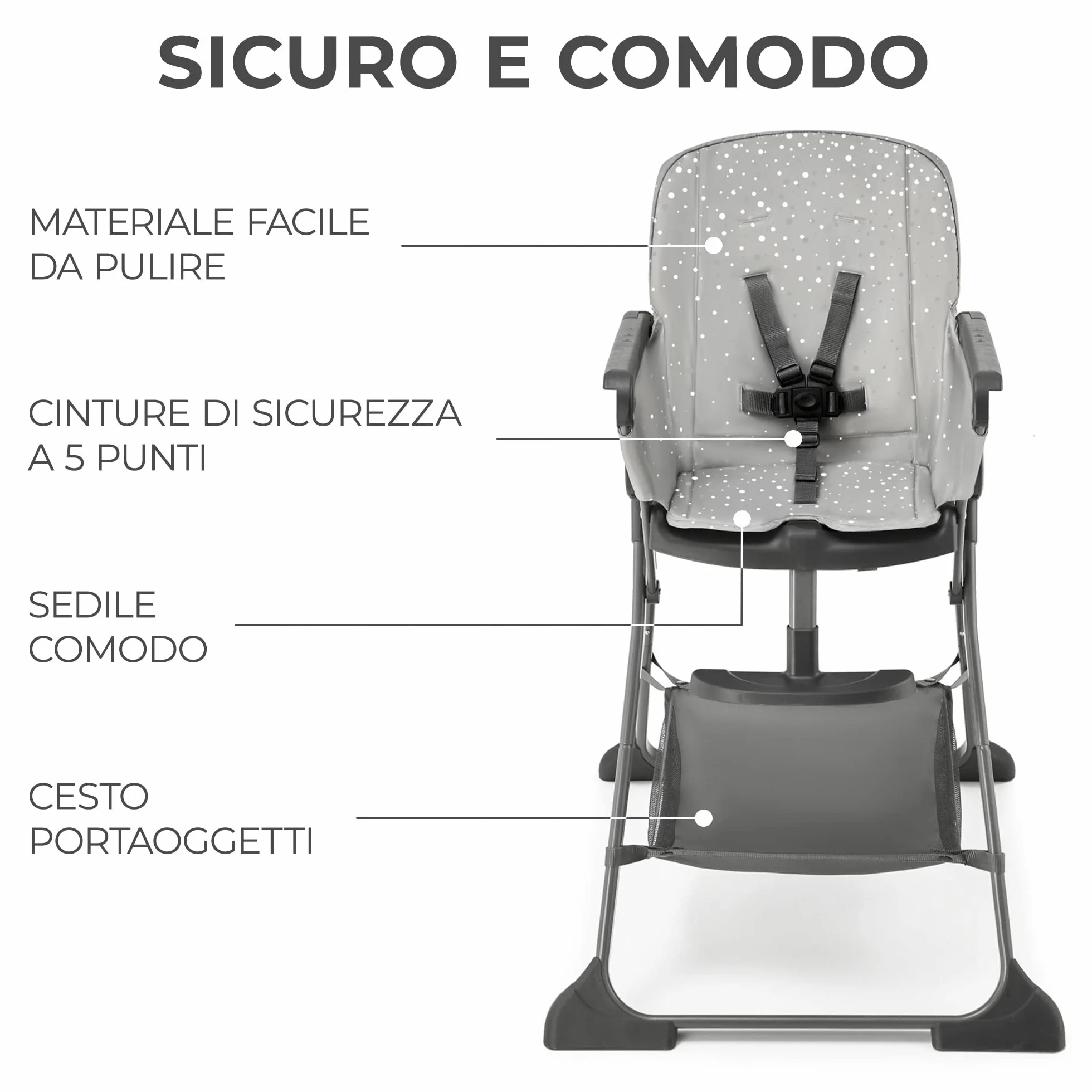 Kinderkraft FOLDEE Seggiolone Pappa Pieghevole Regolabile Grigio