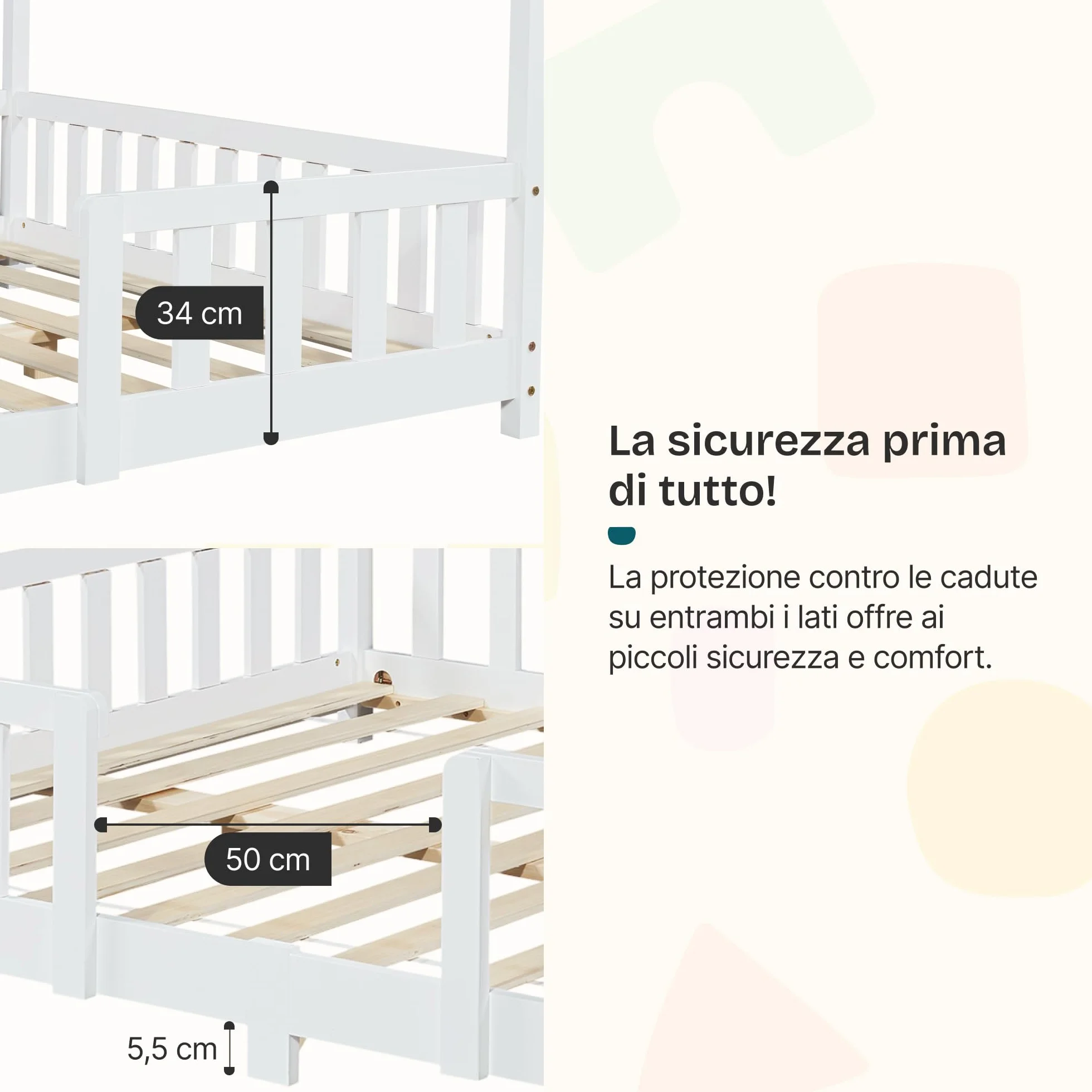 Letto a Forma di Casetta per Bambini in Legno di Pino 90x200 cm Bianco