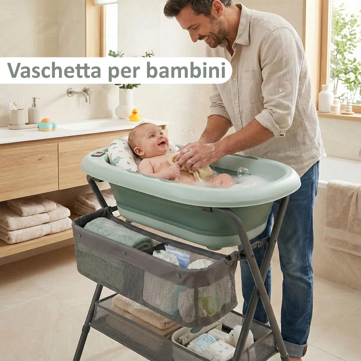 Twinly Bubbly Fasciatoio Neonato con Termometro Integrato - Vaschetta Bagnetto Pieghevole 2 in 1 - Accessori Neonato Utili 0-3 Mesi - Materassino Impermeabile (verde)