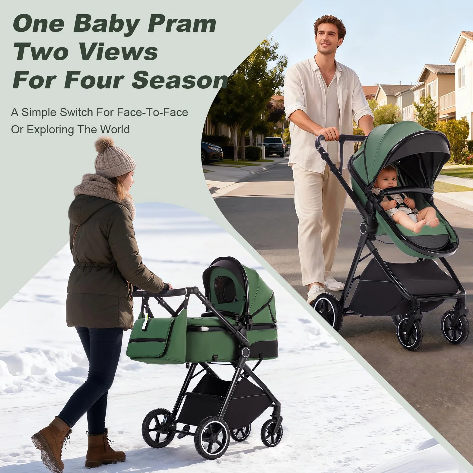 Passeggino 3 in 1 con Seggiolino Auto, Carrozzina Pieghevole, Sospensione 4 Ruote, per Neonati 0-3 Anni (15kg), Blu-Verde