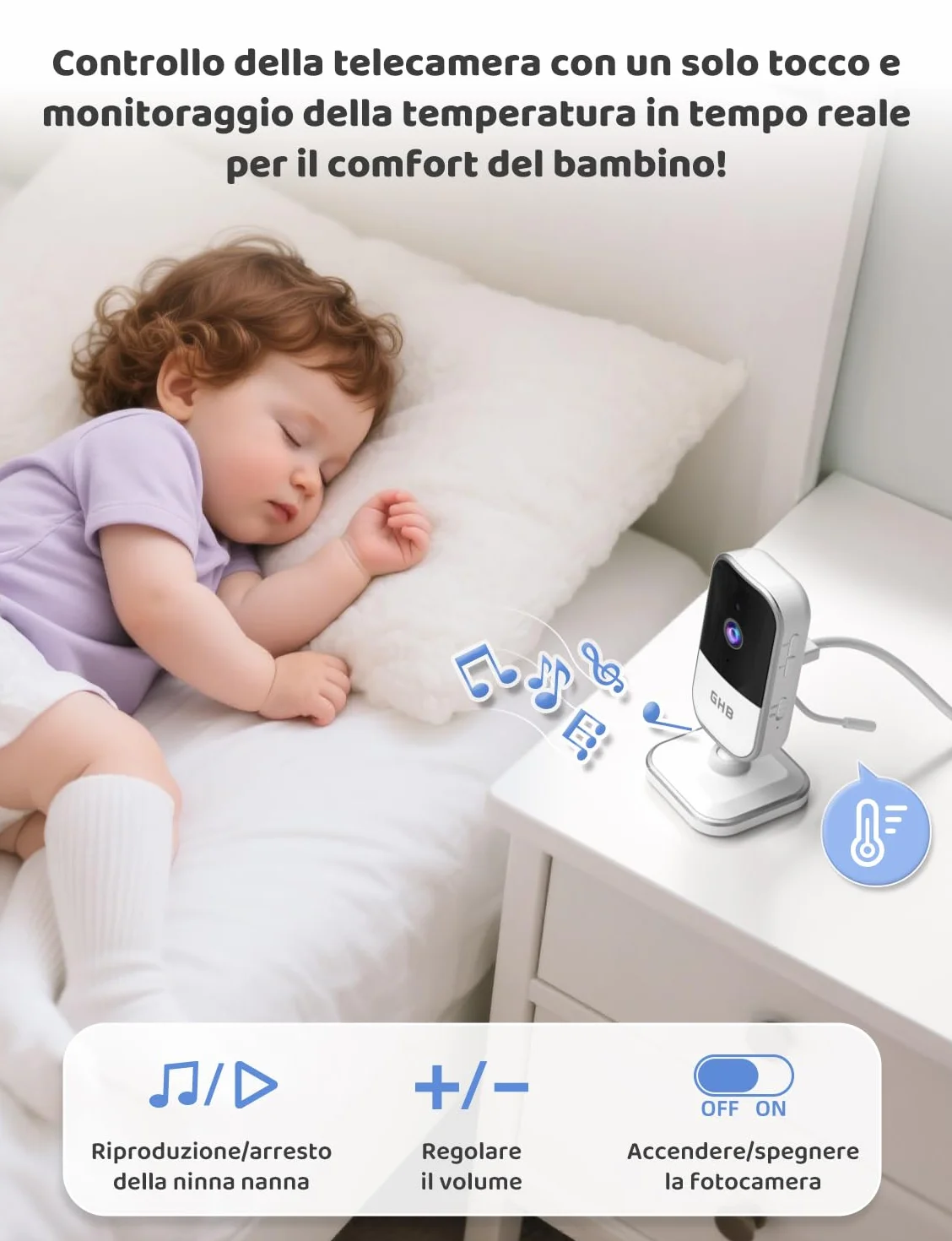 GHB Baby Monitor 5" 720P HD 5000mAh IPS Schermo Telecamera Bambini Visione Notturna Rilevamento Temperatura Ninne Nanne