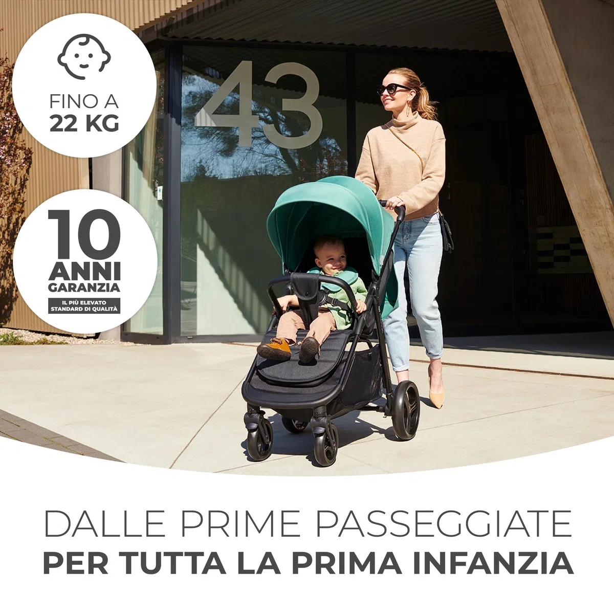 Kinderkraft RINE Passeggino leggero fino 22 kg, Chiusura con una mano, Capotta impermeabile con filtro UPF50+, Barra di sicurezza girevole, Portabicchiere, Verde