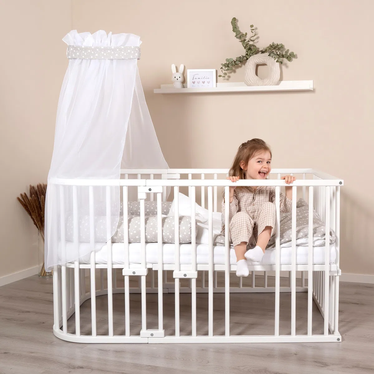 babybay Zanzariera e cielo piqué con nastro adatto per tutti i modelli fino a 96 cm di lunghezza, bianco stelle grigio perla