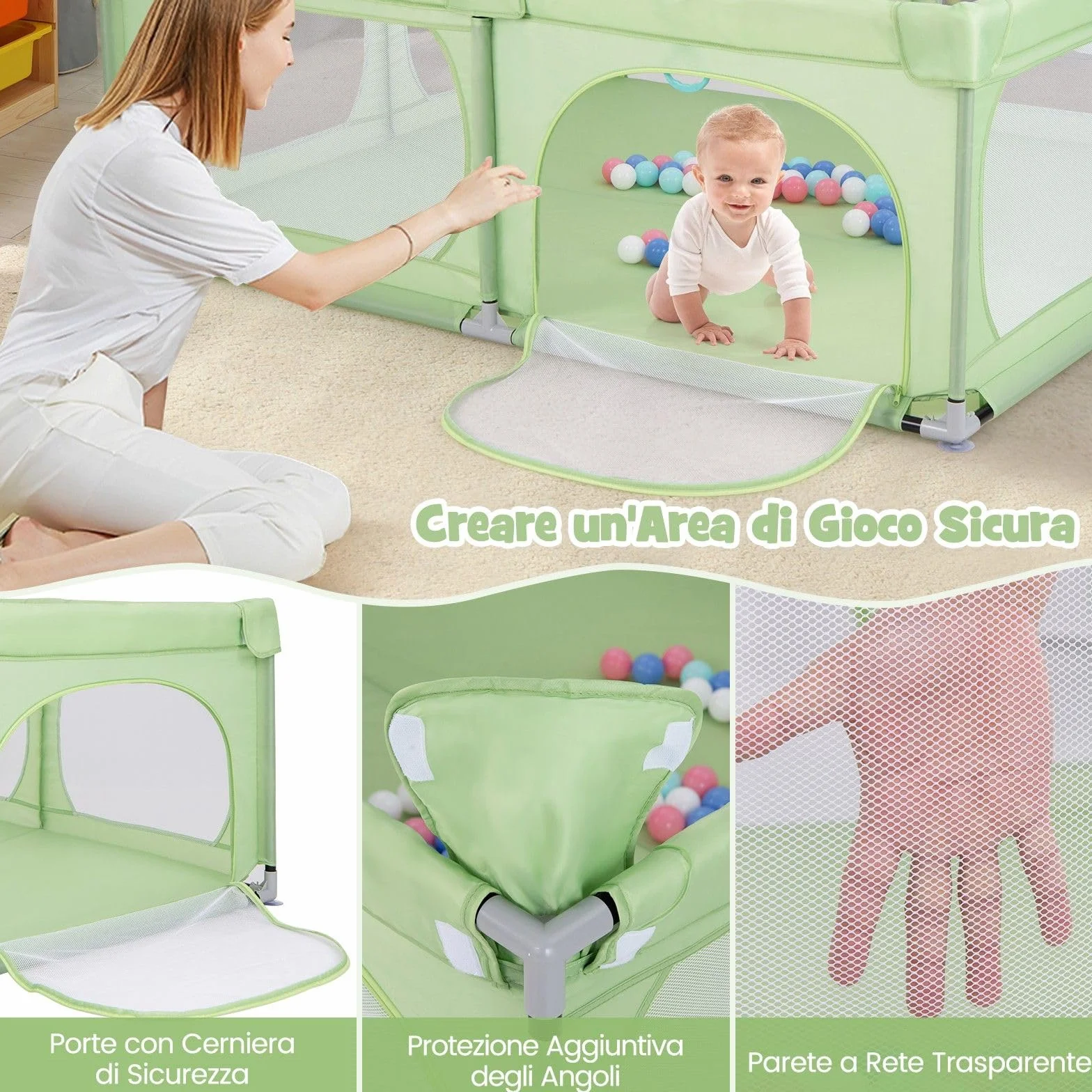COSTWAY Recinto per Bambini, Box Pieghevole con Rete Traspirante, Centro Attività per Neonati con 50 Palline, Box Giochi per Bambini 0-3 Anni (Verde, 189 x 158 cm)