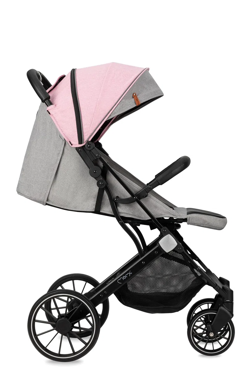 MoMi ESTELLE LIGHT PLUS Passeggino a partire da 6 mesi (fino a 22 kg), pieghevole con cintura di sicurezza a 5 punti, cestino porta spesa e funzione di apertura, manico telescopico per il traino