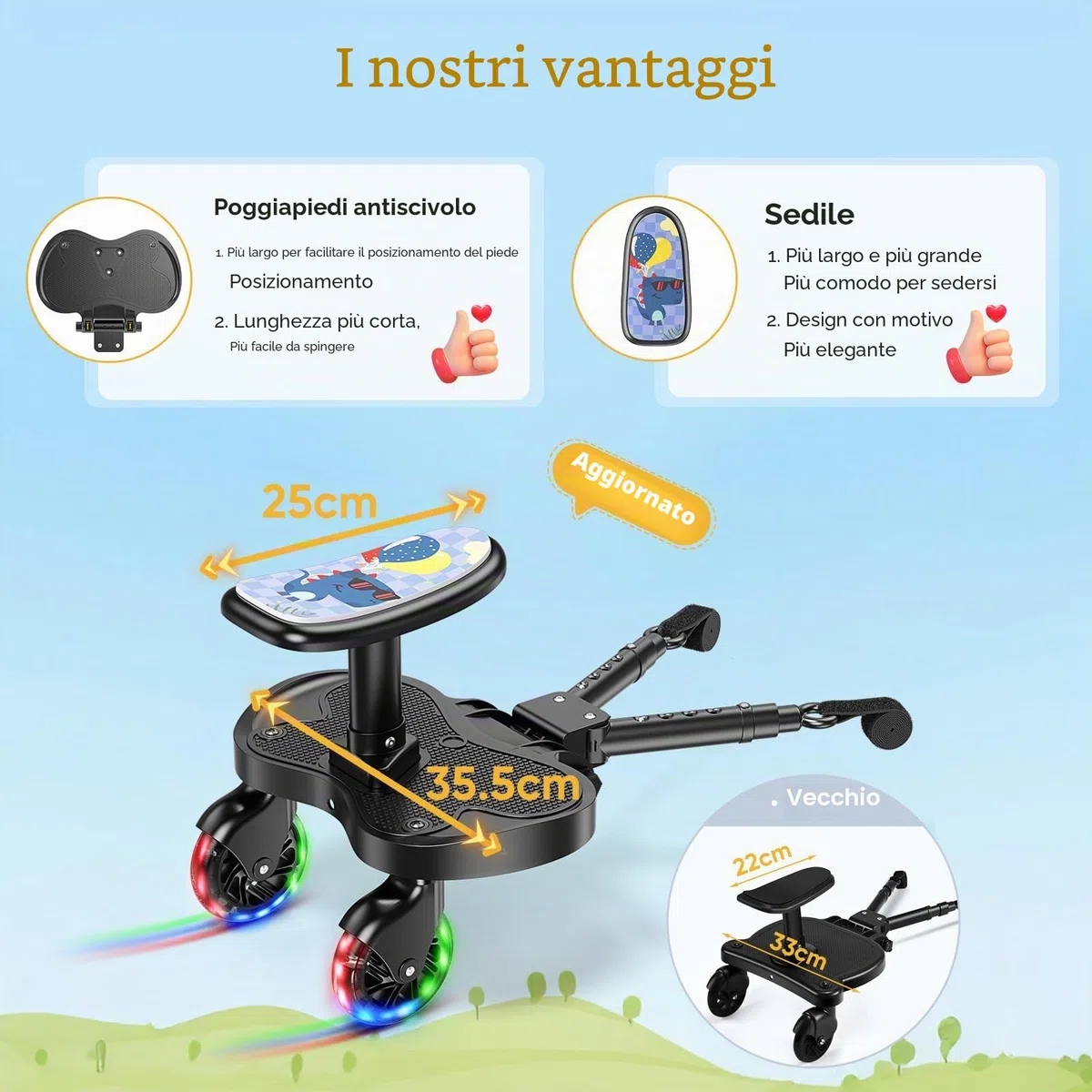 Passeggino con ruote a LED, pedana per passeggino, per bambini da 2 a 6 anni (25 kg), compatibile con il 99% di tutti i passeggini