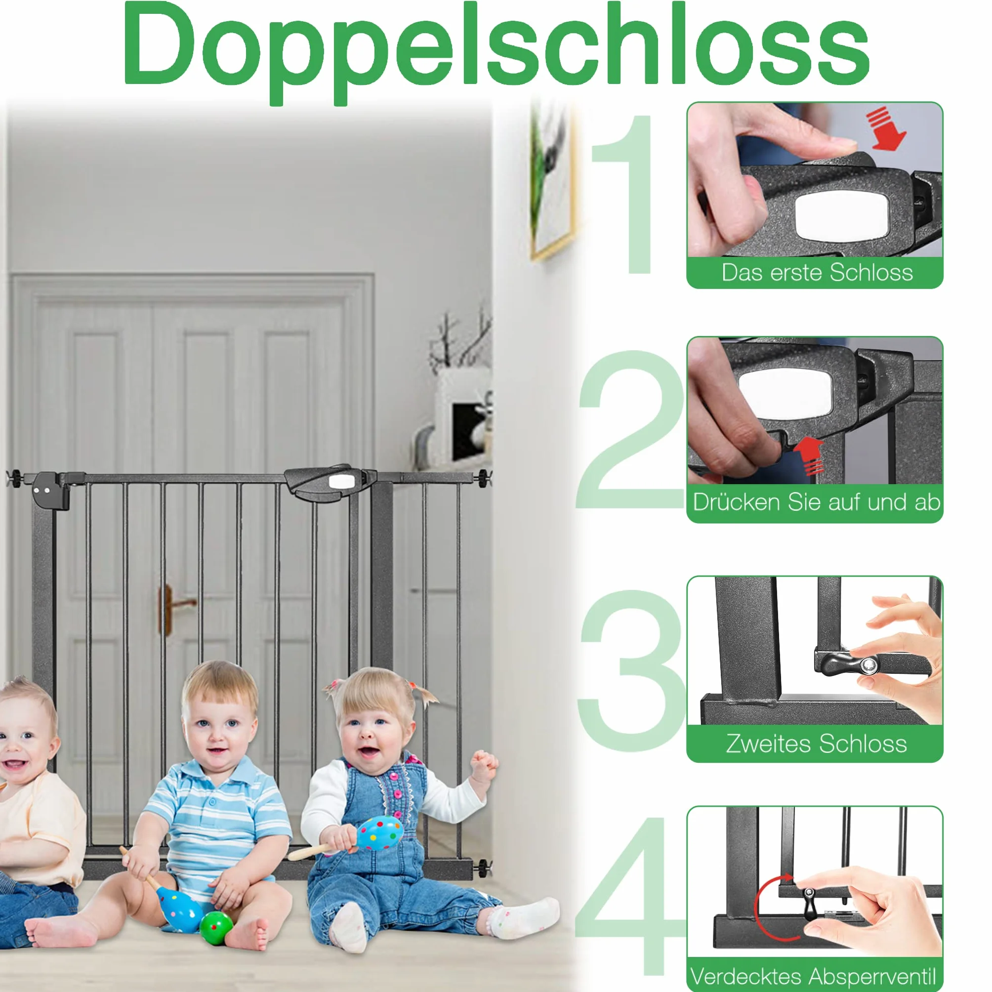 UISEBRT Griglia di protezione per scale senza foratura, per bambini, 105-115 cm di larghezza, chiusura automatica, apertura con una sola mano, in metallo, colore nero