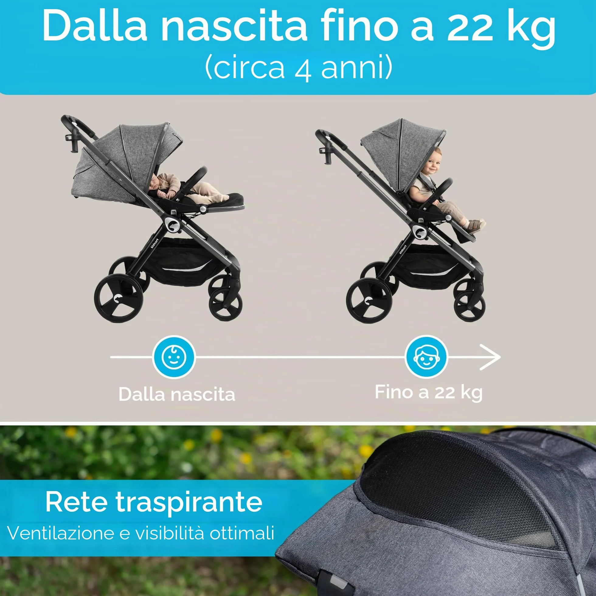 Passeggino regolabile 22 kg grigio