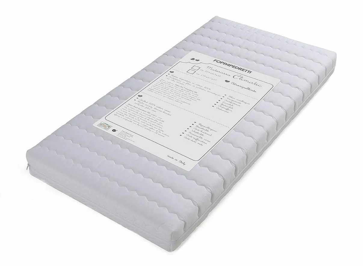 Foppapedretti Materasso per bambini Climatic, Antiacaro, Antibatterico, Antisoffoco, Traspirante, in Fibra Anallergica, Sfoderabile e Lavabile, certificato OEKO-TEX Standard 100, 124x63x12 cm, Bianco
