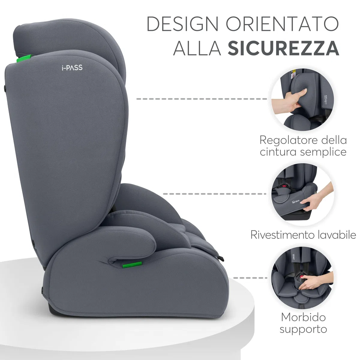 KikkaBoo Seggiolino Auto 9-36 kg i-PASS, Gruppo 1/2/3, Da 15 Mesi a 12 Anni, i-Size 76-150 cm, Poggiatesta Regolabile 13 Posizioni, Grigio