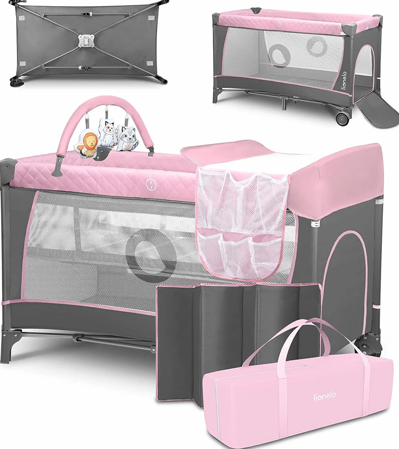 lionelo FLOWER Lettino da campeggio neonato Dalla nascita fino a 36 mesi, Pieghevole, Duo livelli, Entrata laterale, con Matteraso, Fasciatoio, Portaoggetti, Giocattoli pendenti, Borsa