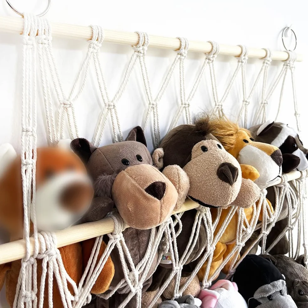 Amaca Portapeluche con Corda di Cotone - Rete Sospesa Intrecciata a Mano per Camera dei Bambini