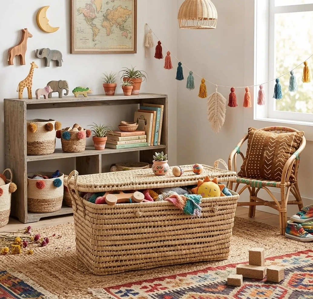 Baule Contenitore in Vimini Intrecciato, Cesto Portaoggetti, Portabiancheria, Decorazione Boho Chic (80cm)