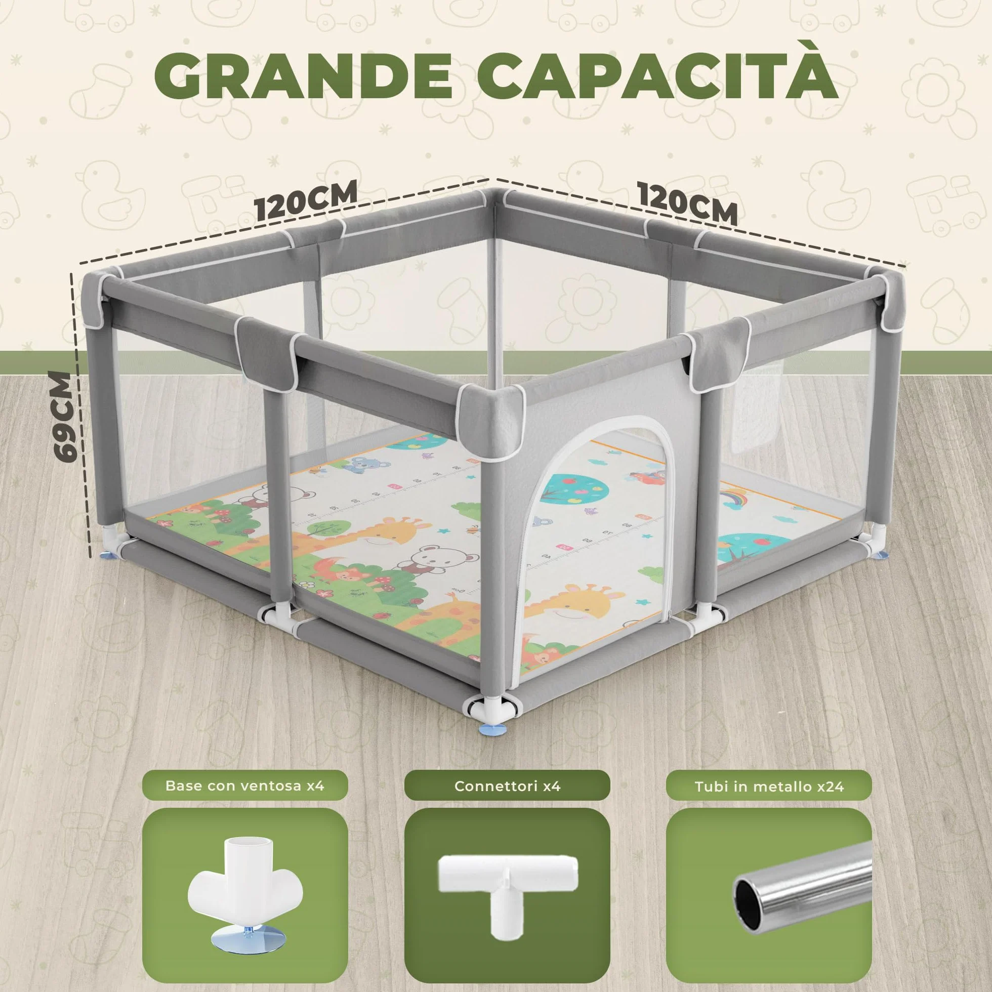 JUPPLIES Box Bambini 120×120 cm Recinto Gioco per Neonato 6-24 Mesi Rete Traspirante 360° Grigio con materassino