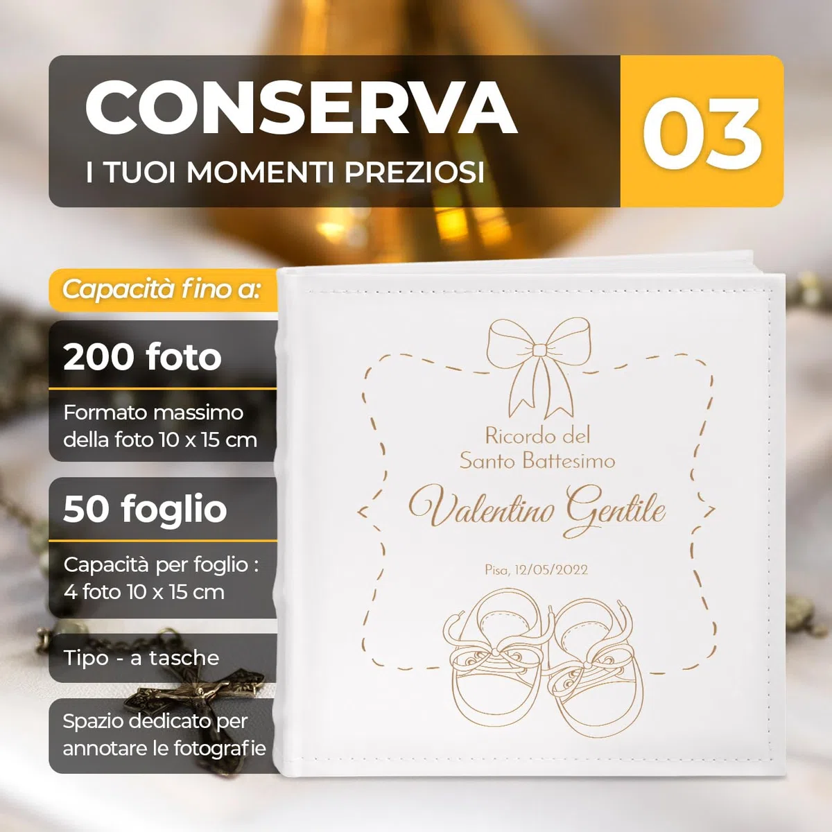 Maverton Album Fotografico - Copertina in Pelle Sintetica Personalizzata con Stampa - 100 Pagine con Tasche - 200 foto 10x15cm - regali neonato, regali bambini