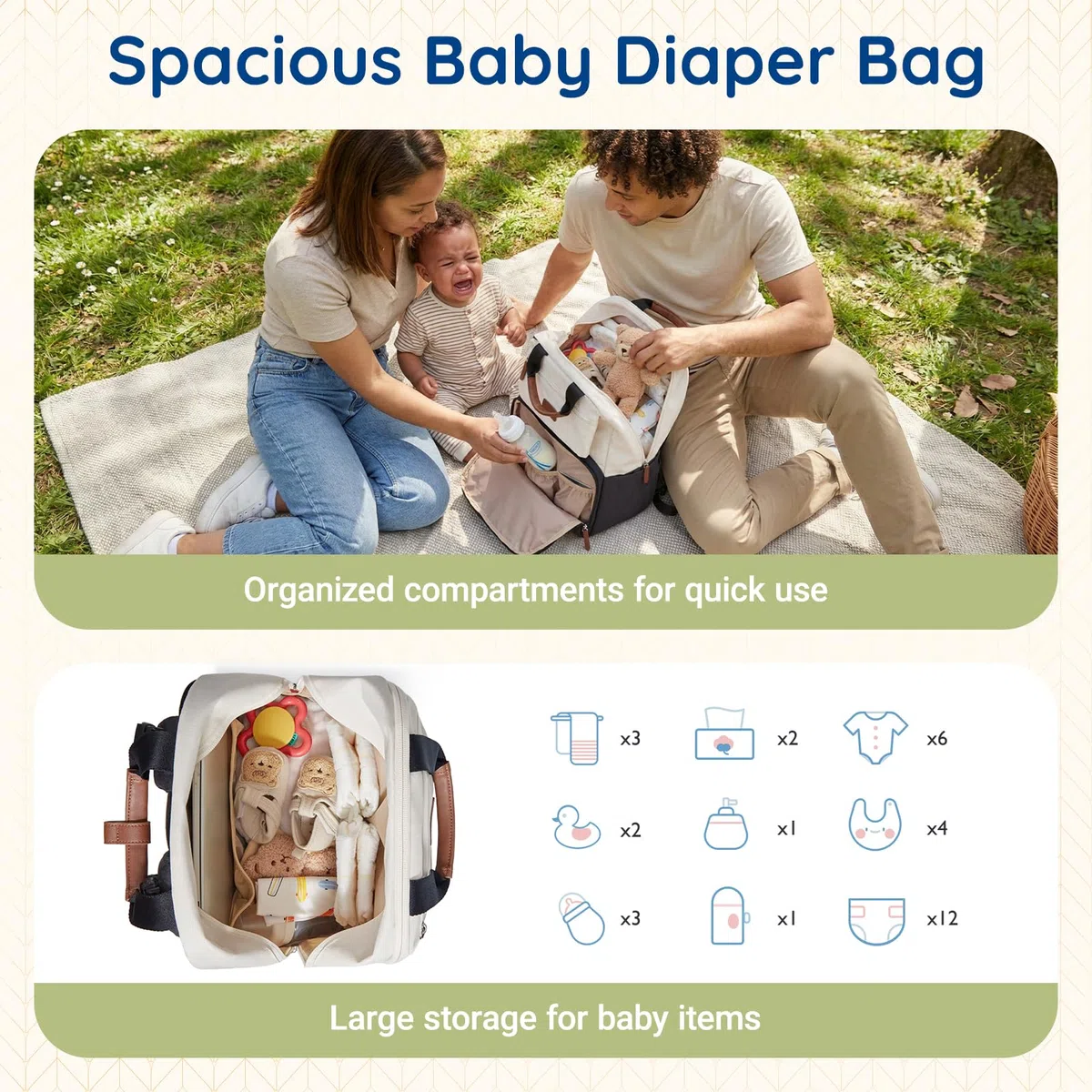 mommore Zaino fasciatoio, grande borsa espandibile per 2 bambini/gemelli, borsa per bambini resistente con fasciatoio, zaino da viaggio impermeabile per mamma e papà, beige., 29 x 22 x 41.5 cm