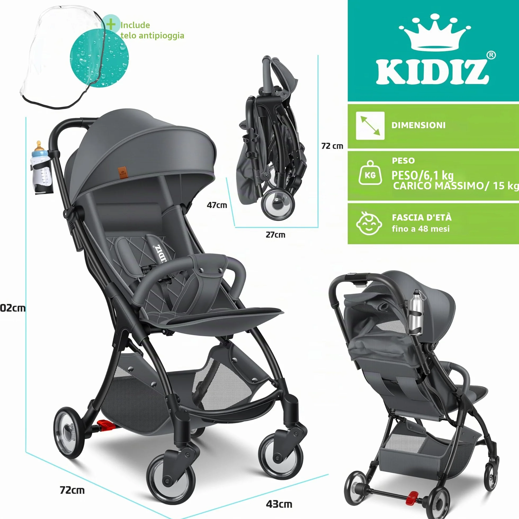 KIDIZ® Premium Passeggino Pieghevole con Ruote 360°, Imbracatura 5 Punti, Portabibite, Parapioggia, Schienale Regolabile, Capottina Parasole, Antracite