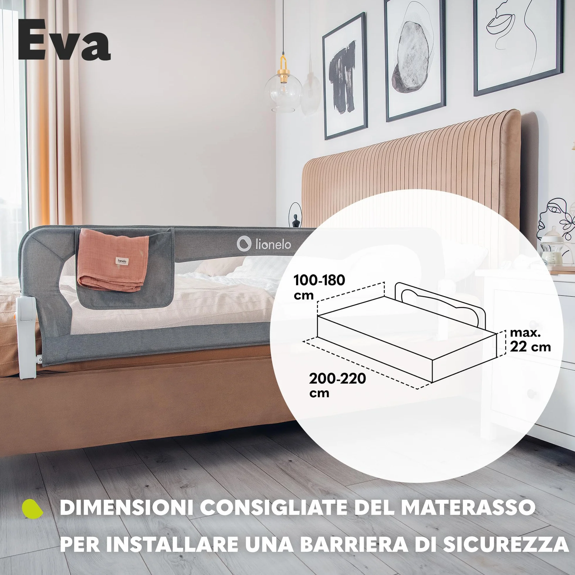 Lionelo Eva Sponda letto universale 150 cm Barriera protettiva pieghevole con blocco Standsafe
