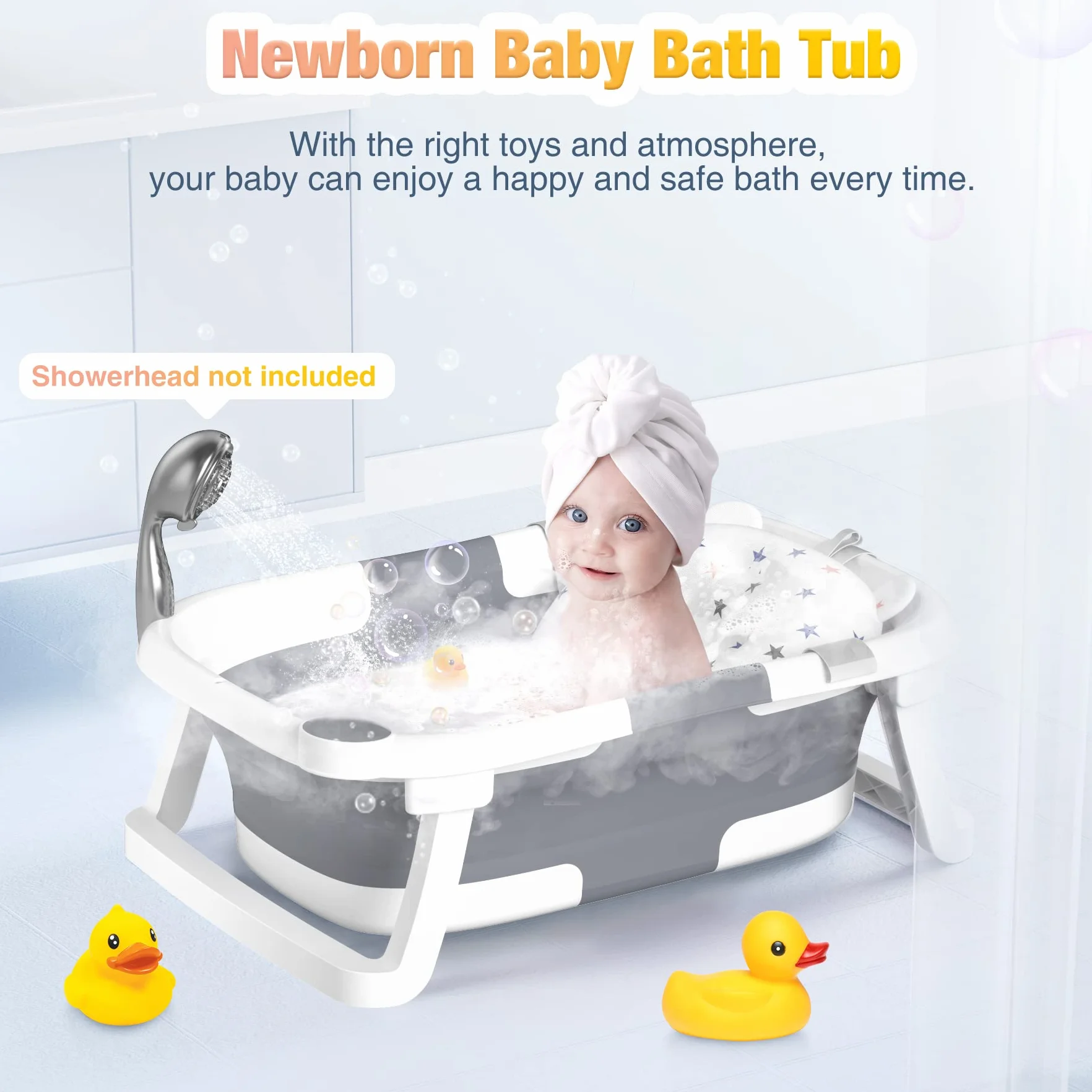 Vaschetta Bagnetto Neonato Pieghevole, Vasca per Bambini Portatile con Tappetino Antiscivolo e Foro di Scarico,Nessun Termometro,Grigio