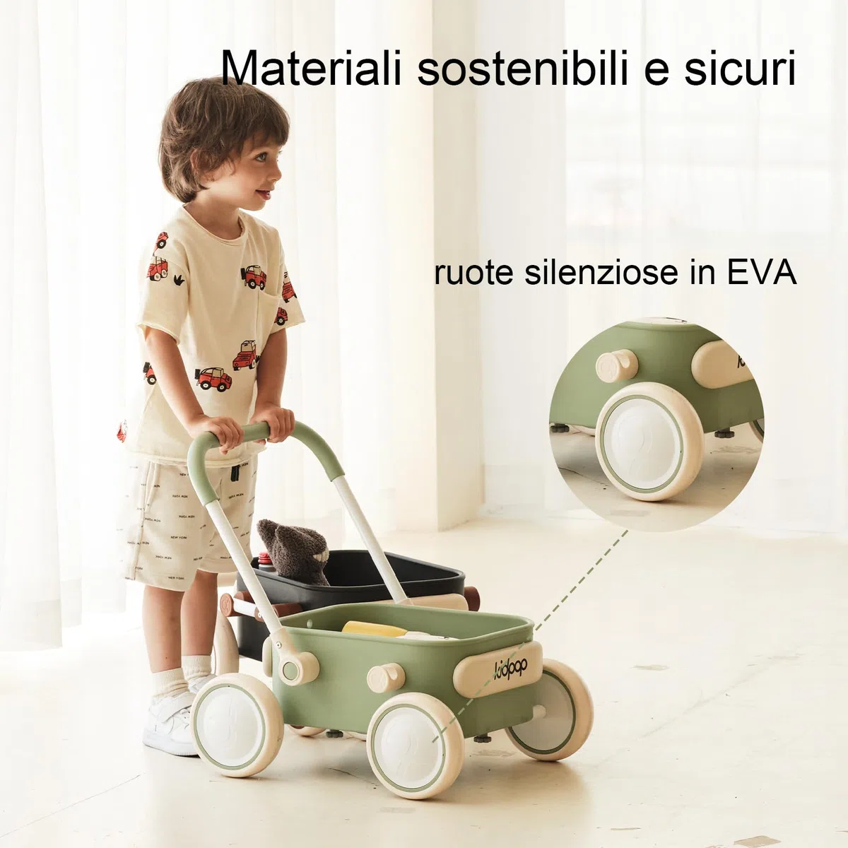 Kidpop PULA girello per bambini 6-18 mesi, carrello con ruote portatutto, carrello portaoggetti multiuso per bambini, gadget compleanno bambini, portata 15 kg (Verde)