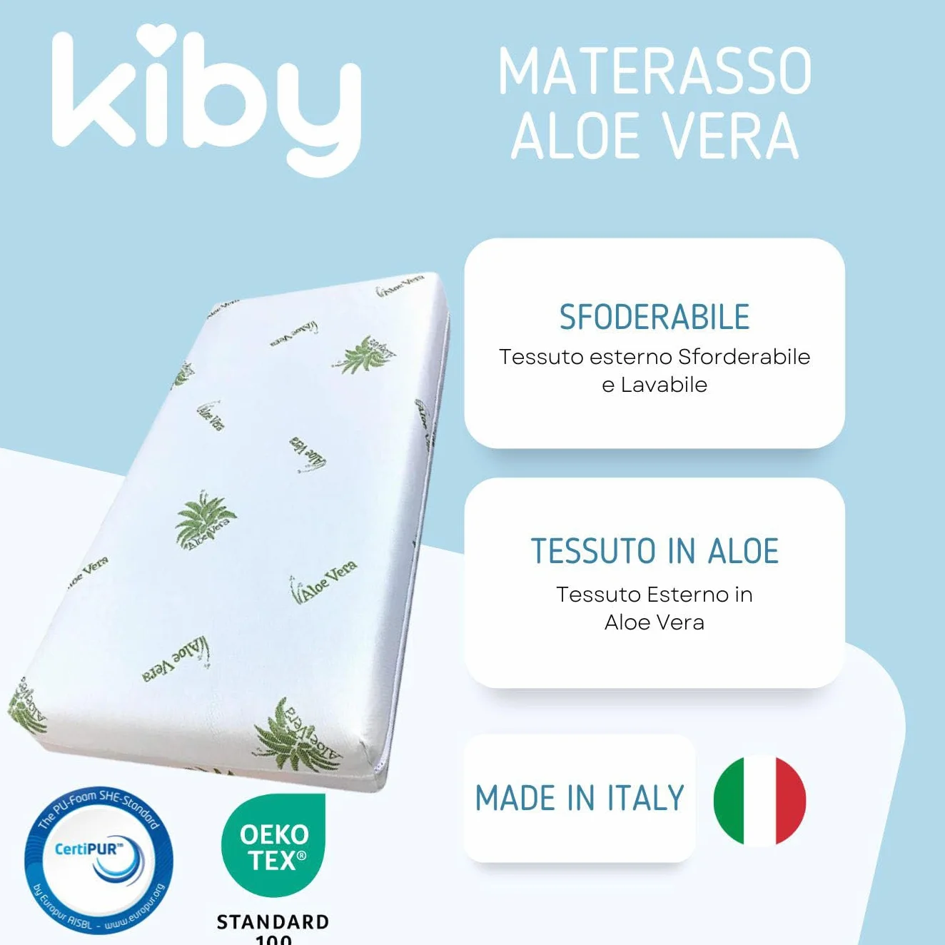 Materasso per Lettino in Aloe Vera 120 x 60 x 10 cm OEKO-TEX CERTIPUR Lavabile Sfoderabile
