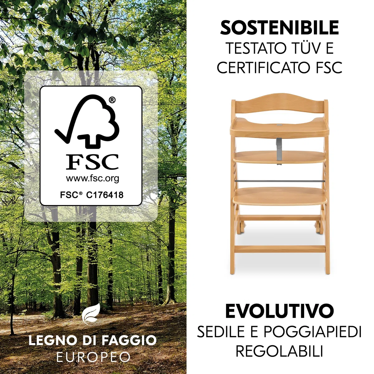 hauck Alpha Move Set Deluxe - Seggiolone in Legno Evolutivo Da 0 Mesi - Sedia Bambini Regolabile con Sdraietta Neonato Reclinabile, Cuscino e Vassoio - Naturale, Grigio