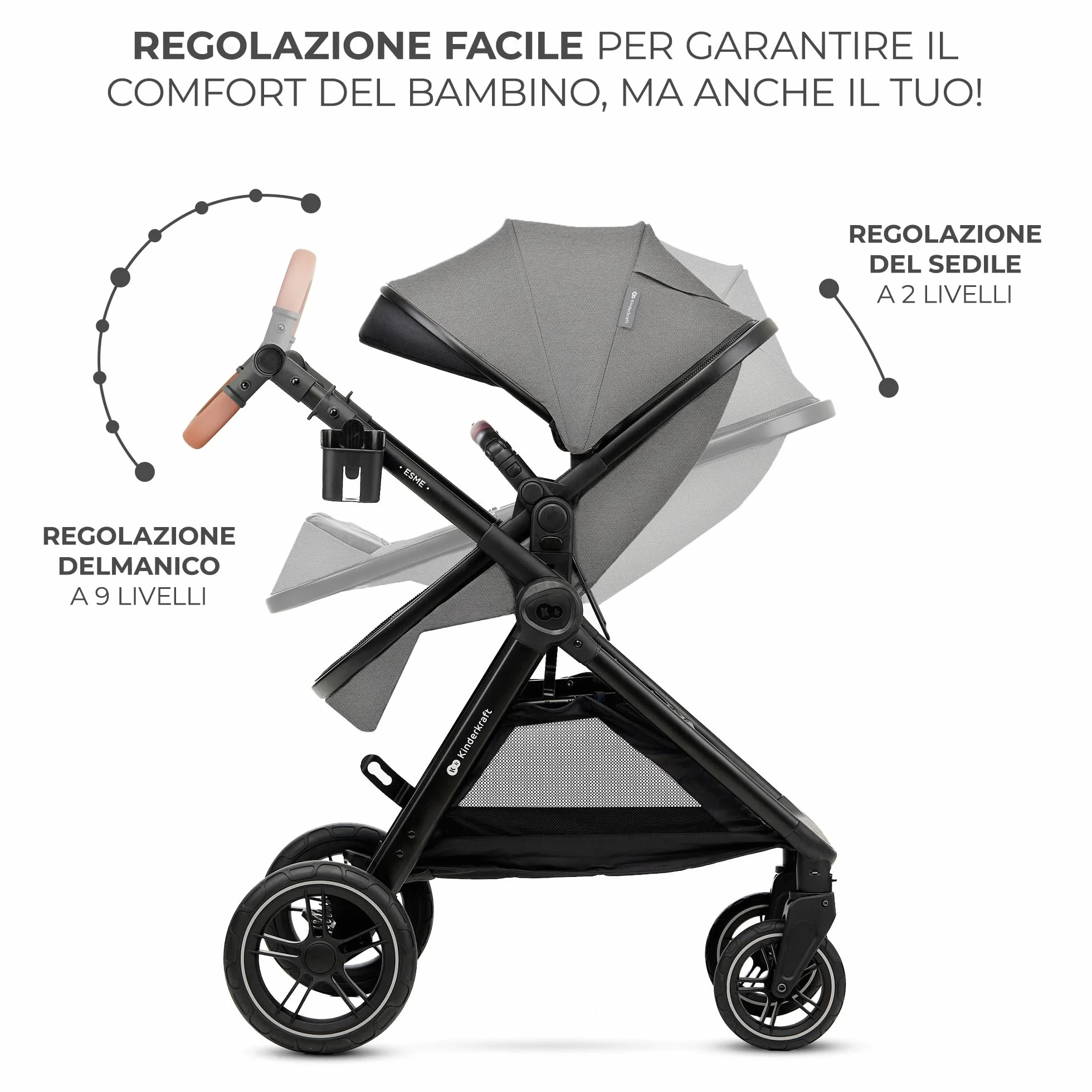 Kinderkraft ESME Trio passeggino 3 in 1 fino 26 kg Ovetto I-SIZE 40-75 cm Carrozzina reversibile pieghevole Grigio