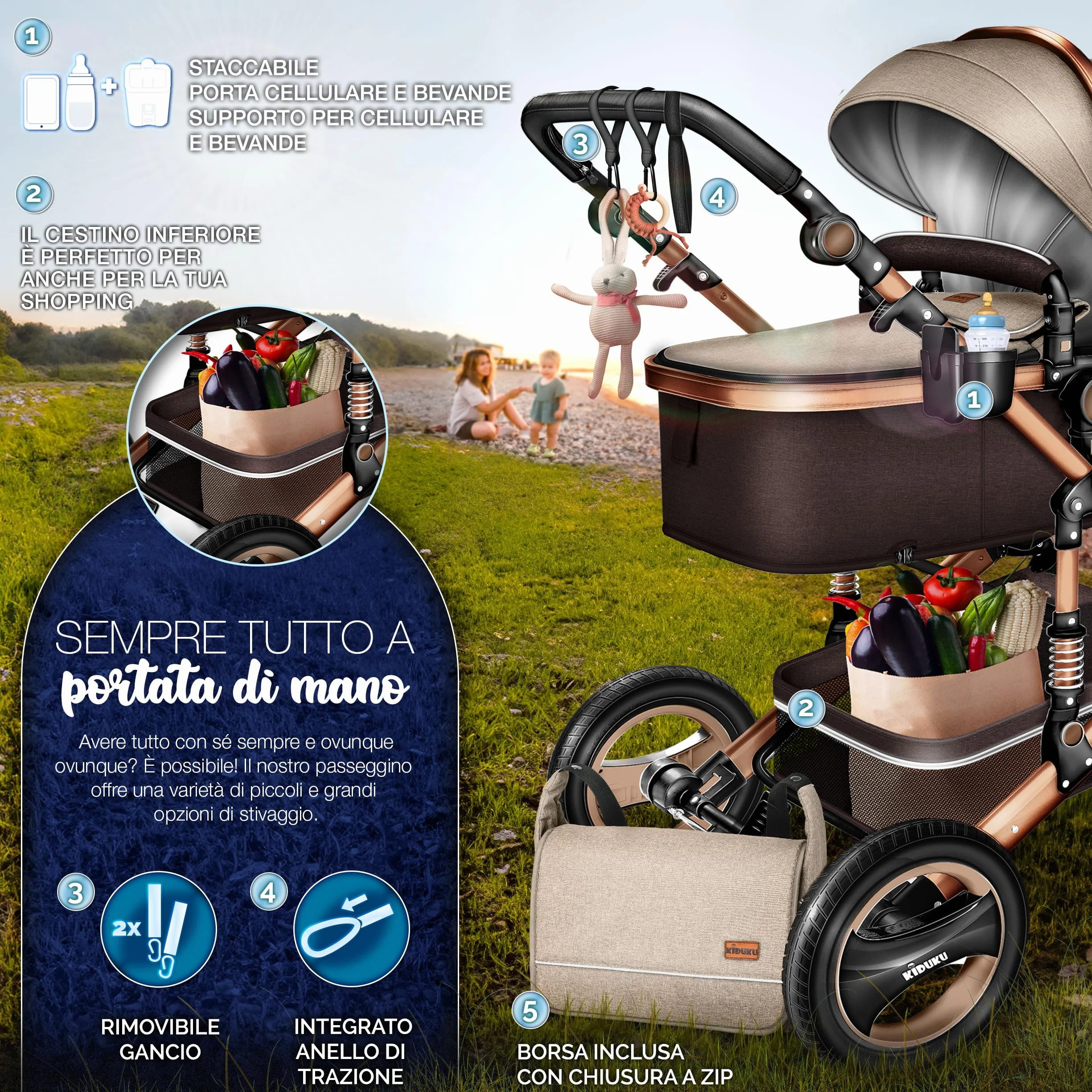 KIDUKU 3 in 1 Passeggino Completo Trio Sistema Combinato con Navicella Ovetto Seggiolino Auto Coprigambe ECE R129