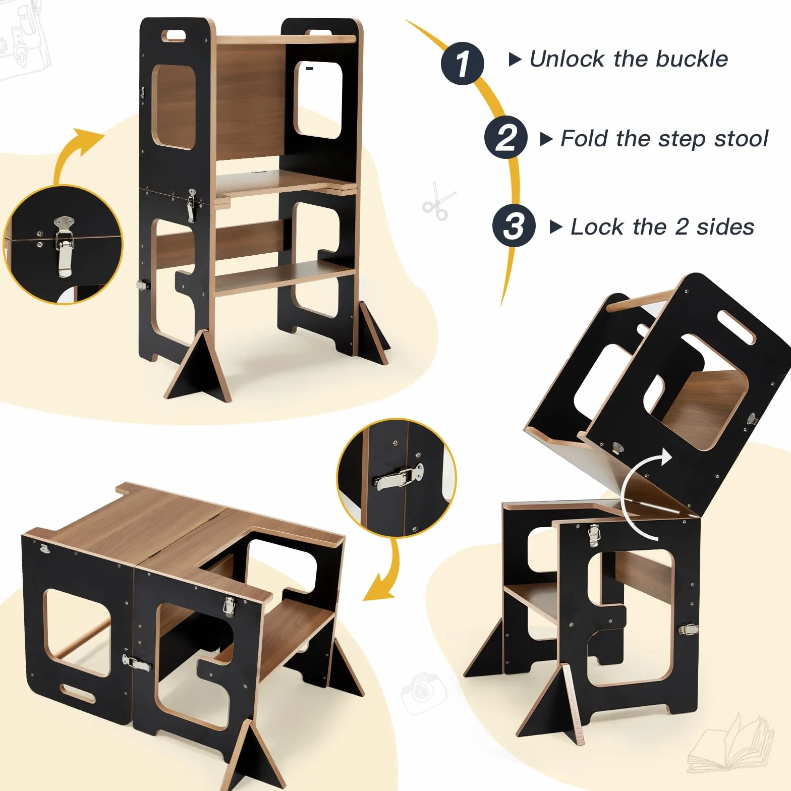 Labebe Torre di Apprendimento per Bambini Montessori 3 in 1 Pieghevole con Lavagna e Protezione Antiribaltamento Nero