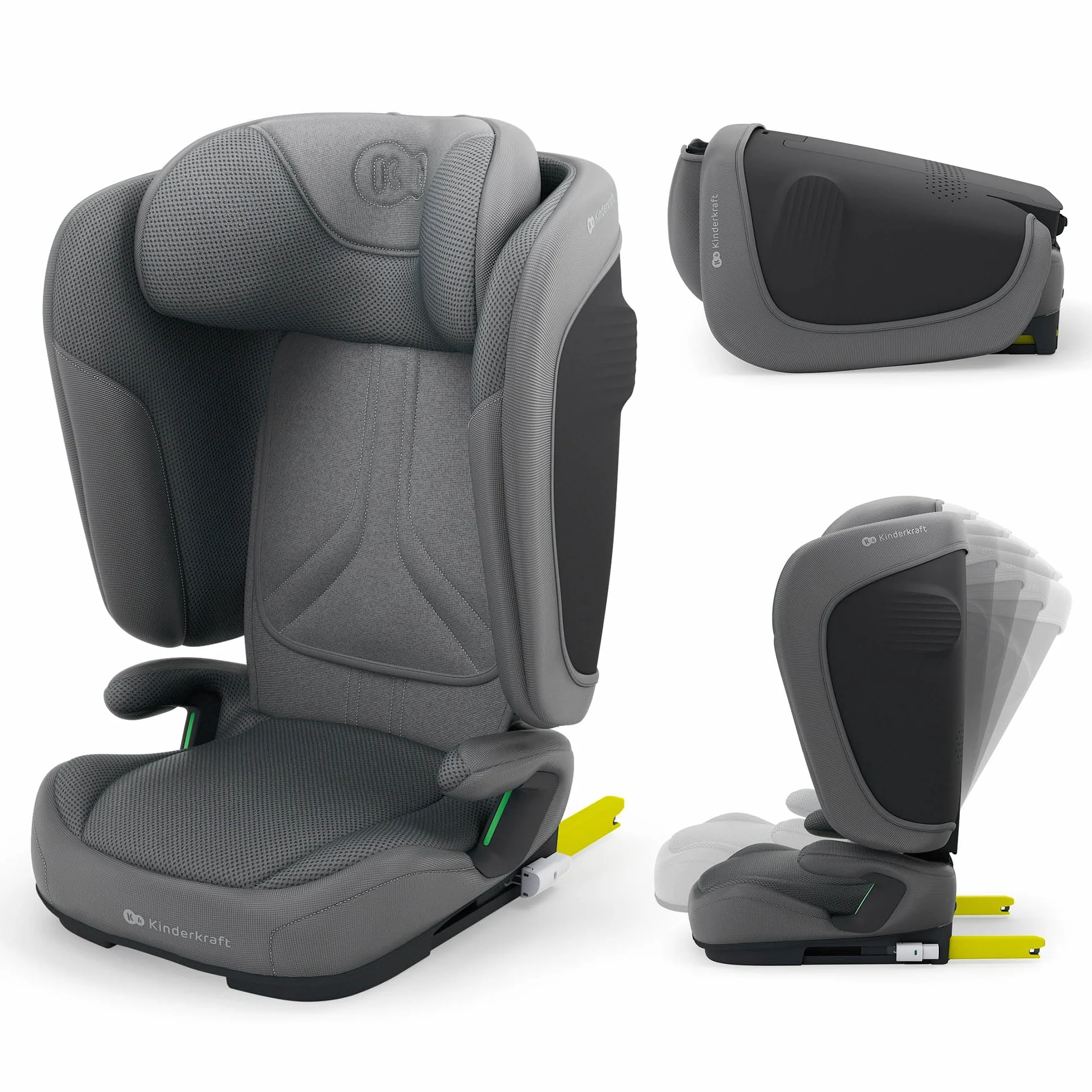 Kinderkraft UNITY 2 i-Size, Seggiolino auto pieghevole 100–150 cm, 3,5 a 12 anni, Poggiatesta regolabile, Con sistema AIR FLOW, Regolazione dello schienale in 5 posizioni, Grigio