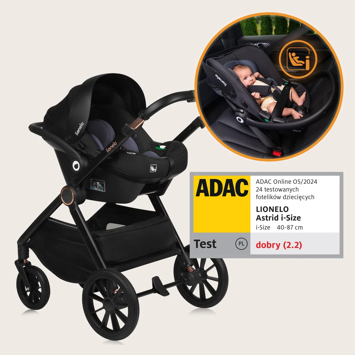 LIONELO LAYLA 3 in 1 Passeggino combinato Passeggino da 0 a 48 mesi fino a 22 kg, Navicella fino a 9 kg, Seggiolino auto fino a 13 kg, AiryDots, Ruote in PU girevoli a 360°, Sospensione completa
