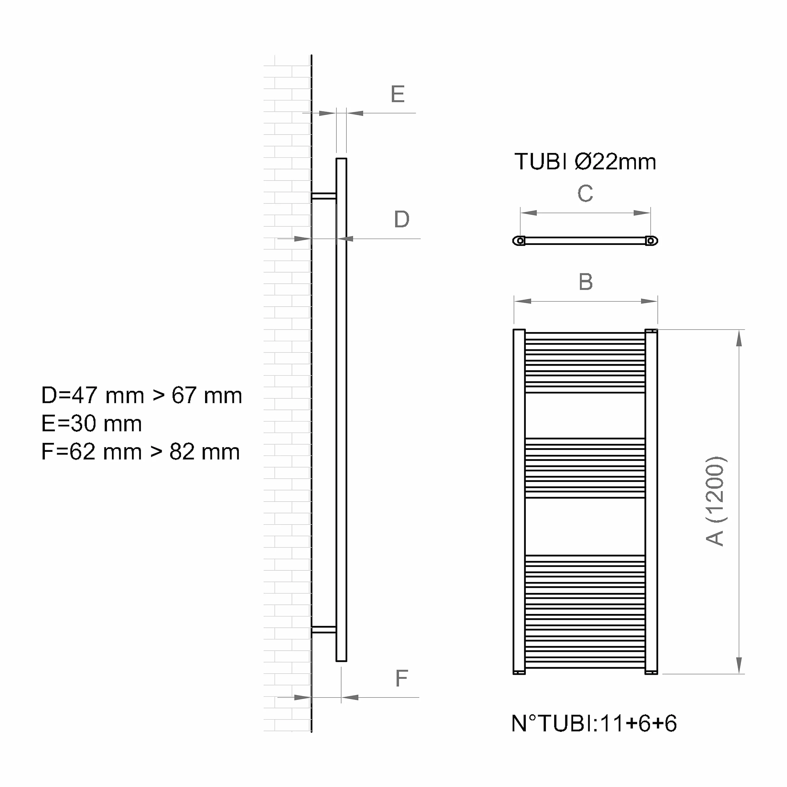 ERCOS Scaldasalviette Termoarredo Bagno 500x1200 mm Radiatore Bianco Opaco 1/2" Attacchi Kit Montaggio
