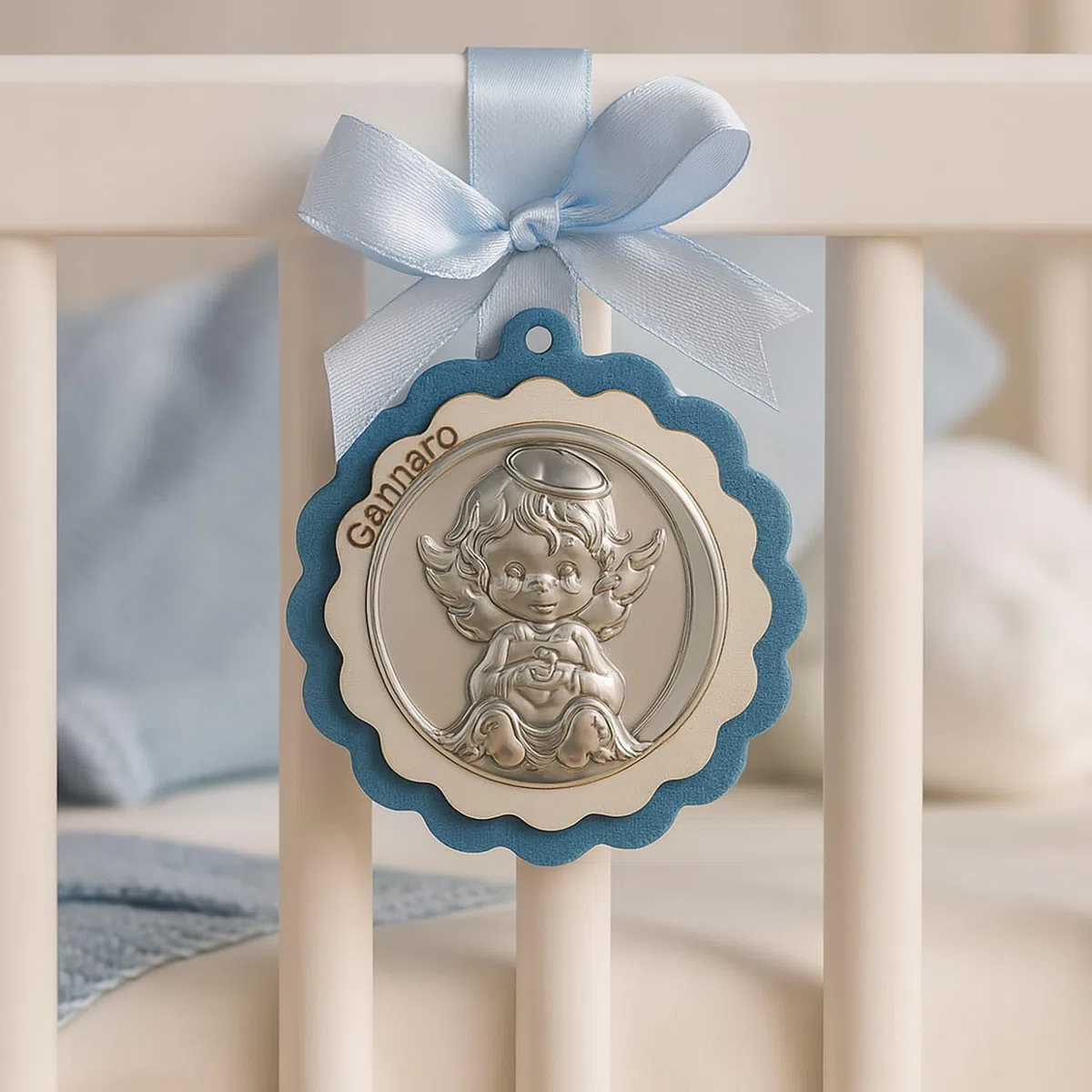 Medaglione Capoculla Angelo in Argento perfetto come idea regalo nascita o regalo battesimo da appendere alla culla, al passeggino o in cameretta del neonato con nome Personalizzato (Rosa)