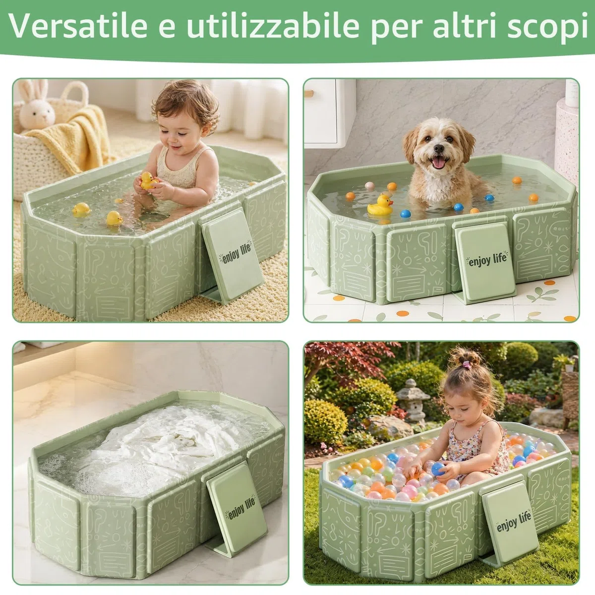 Vasca da Bagno Pieghevole per Bambini, Multiuso e Salvaspazio, Adatta da 0 a 8 Anni, Vaschetta Bagnetto Neonato Pieghevole con Tappo di Scolo, Vasca da Bagno Portatile per Bambini (Verde)