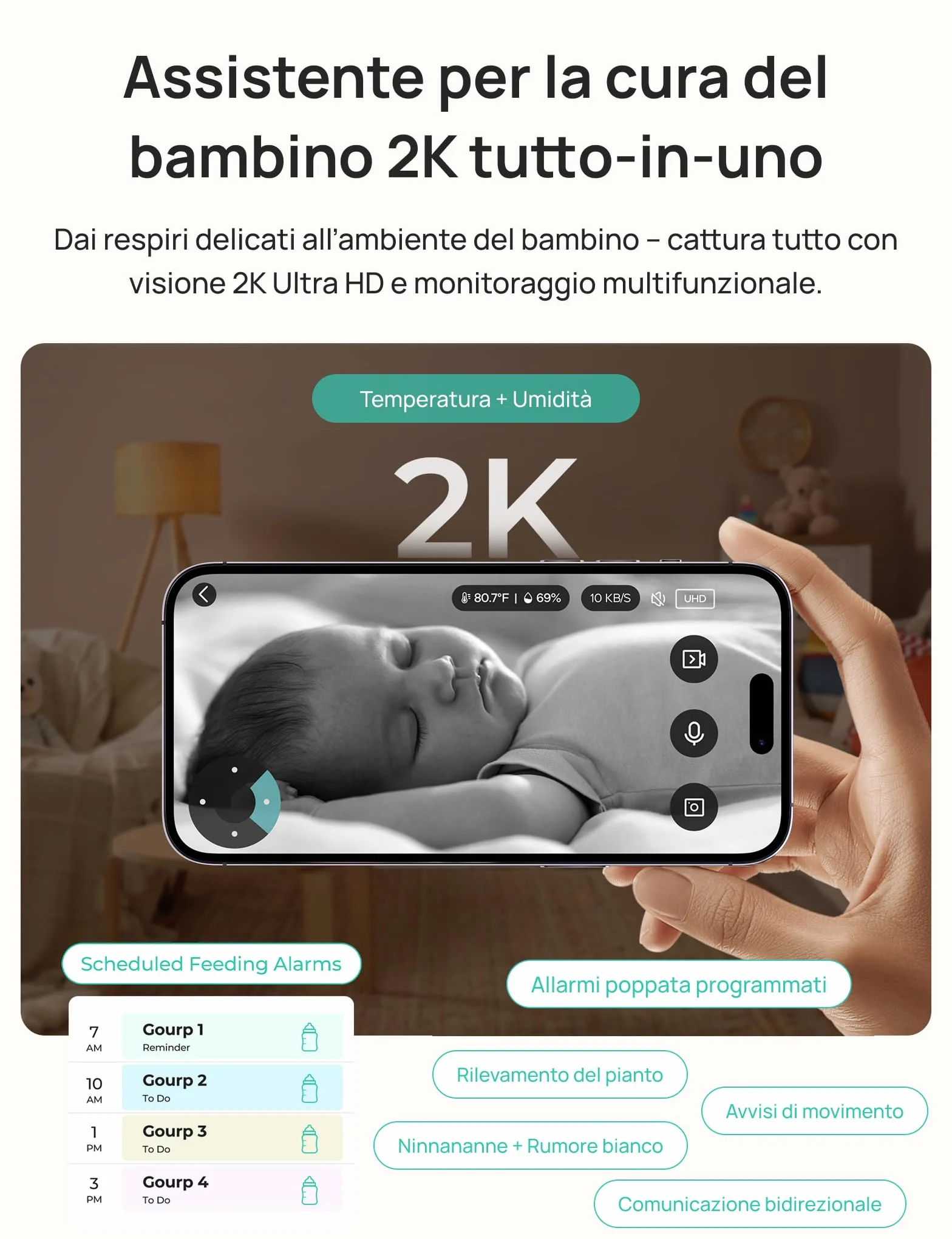 Dr.Care LumiView Plus Baby Monitor WiFi con 2 Telecamere – Schermo 5.5", Telecamera 2K, Modalità Privacy, Batteria Rimovibile 5000mAh, Luce RGB, Allarmi Pianto e Movimento, Visione Notturna HD