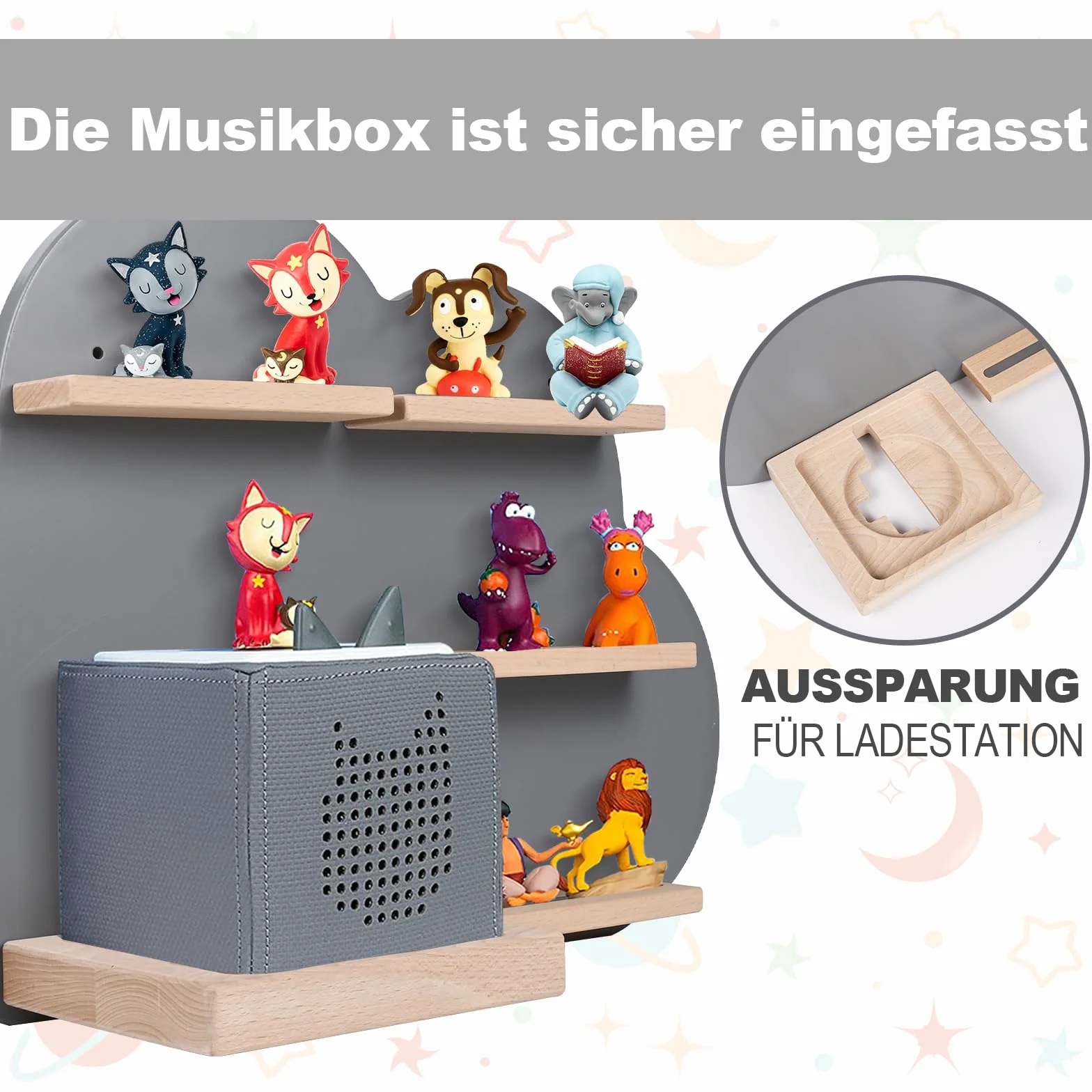 Mensola per bambini compatibile con Toniebox e Tonies oltre 15 personaggi - Mensola da parete scatola musicale per giocare e collezionare cameretta