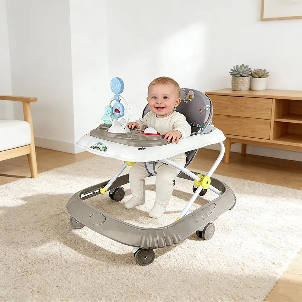 Girello Bambino Primi Passi per Bambini da 6 Mesi a 15 kg, Regolabile in Altezza, girello pieghevole per bambini con vassoio di gioco interattivo con suoni, 67 * 72 * 92cm - Cachi (B)