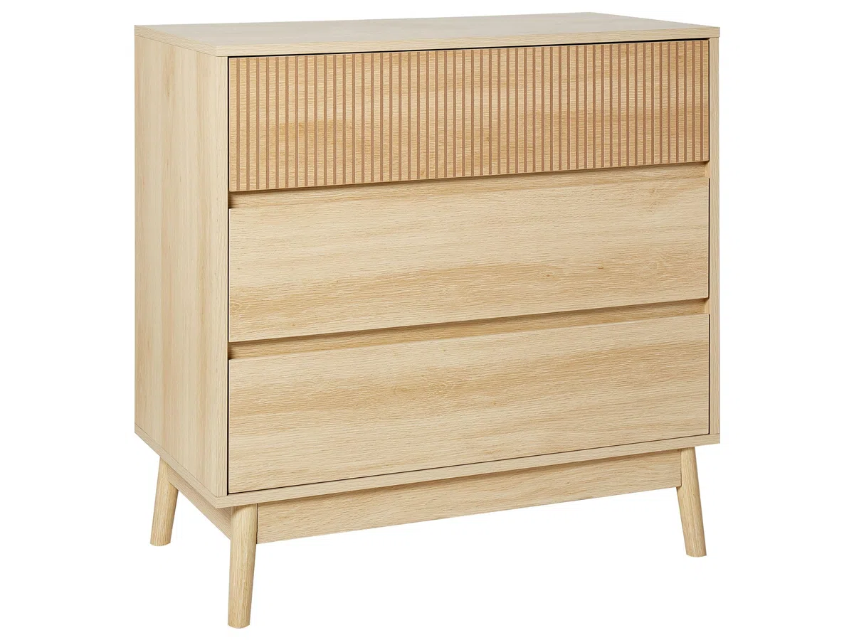 Beliani Cassettiera moderna a 3 cassetti MDF Gambe in legno di pino Legno chiaro Galles
