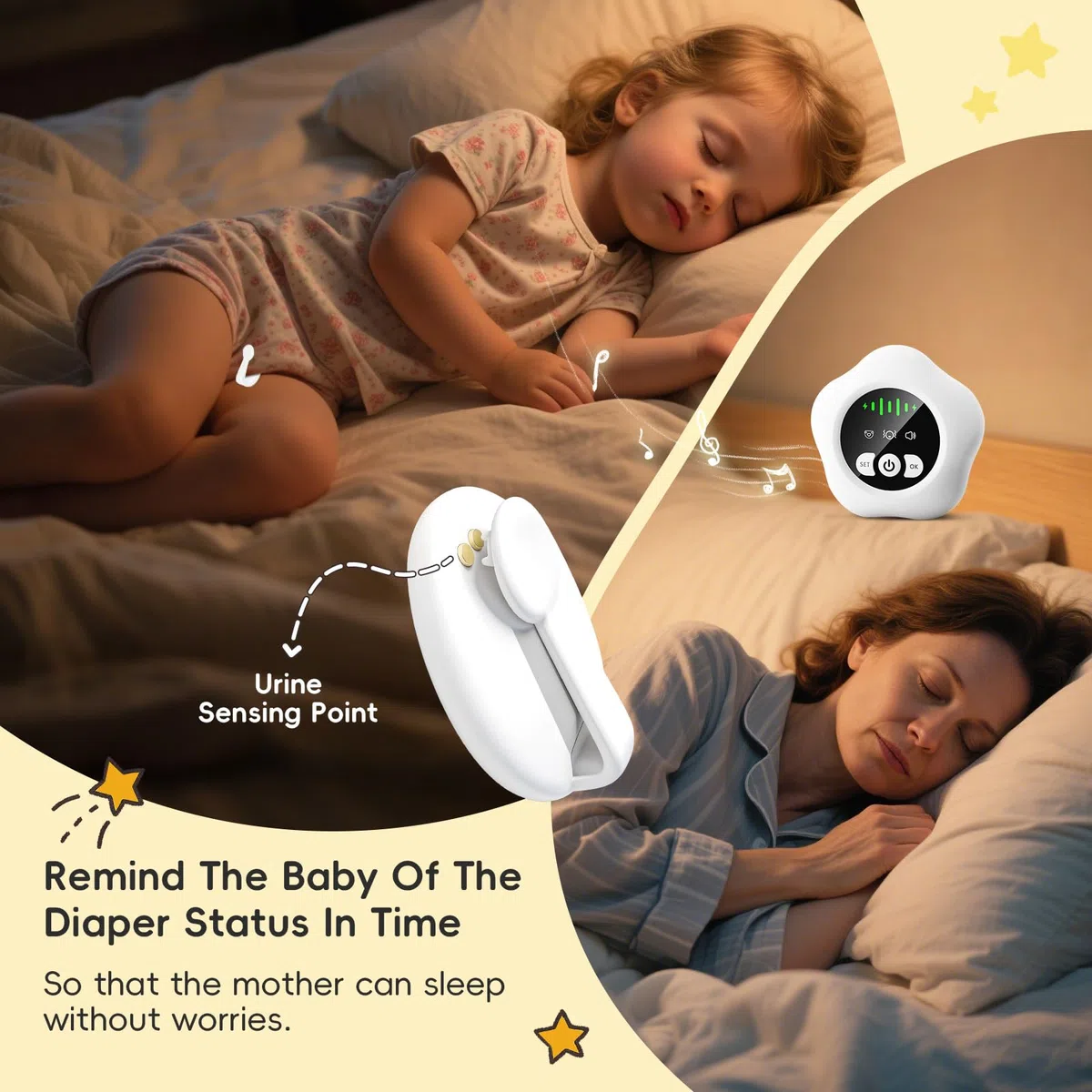 Allarme enuresi wireless, ricaricabile tramite USB, vasino con suono e vibrazione per bambini e adulti, dotato di sensore di umidità per enuresi