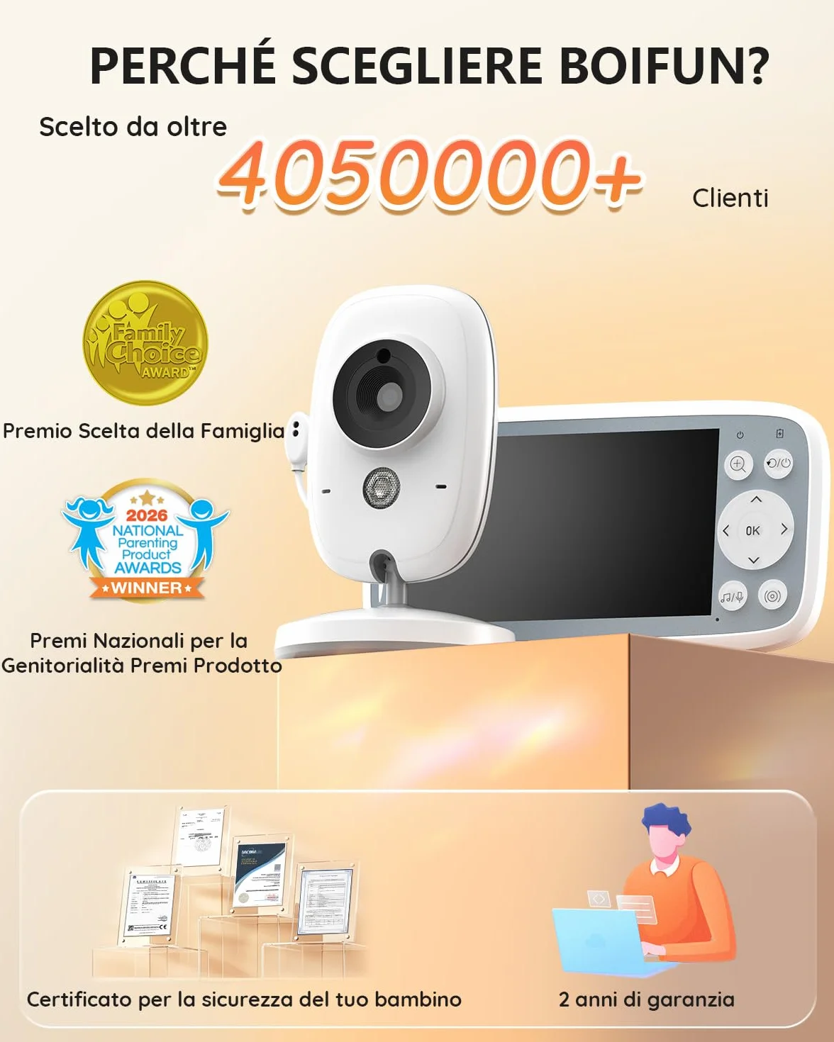 Baby Monitor Schermo IPS 4" 720P Visione Notturna Autonomia 11 Ore Zoom 3x Senza WiFi