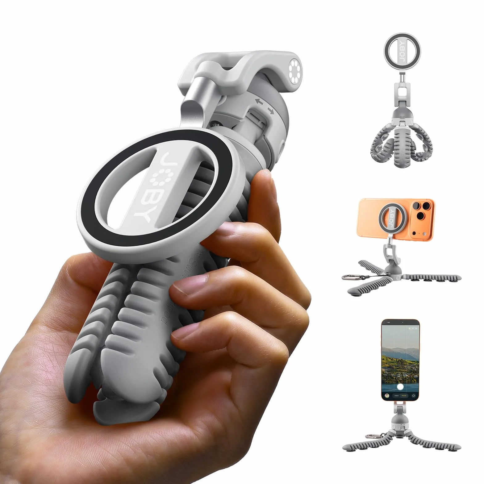 JOBY PZ01 PodZilla Octo Treppiede per Cellulari con Ventose e Magnete: Supporto Flessibile per iPhone e Android, Compatibile con MagSafe, Ultra Leggero (146g), Grigio