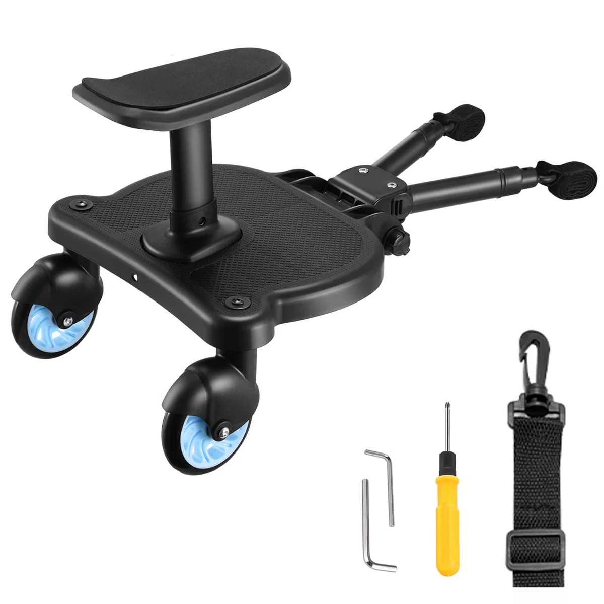 Pedana Passeggino Universale con Sedile, FNRIDS Tavolette Portatili per Passeggini, con cinghia di sospensione,Design Stabile a due Ruote, Accessori per Passeggini per Bambini da 2 a 6 anni (blu)