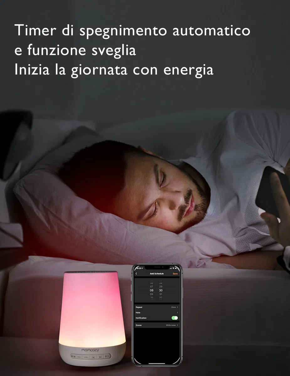 Momcozy Macchina del Rumore Bianco,Macchina del Suono per Bambino Adulto,34 Suoni Lenitivi,White Noise Machine Luce a 7 Colori,Macchina Rumore Bianco Telecomando APP, Funzione di Temporizzazione
