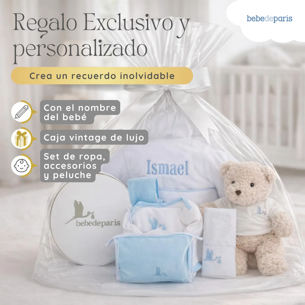 BebeDeParis Set Regalo Nascita personalizzato per neonato: Accappatoio, Body, Néceser, custodia Muselina e orso di peluche 6/12 mesi