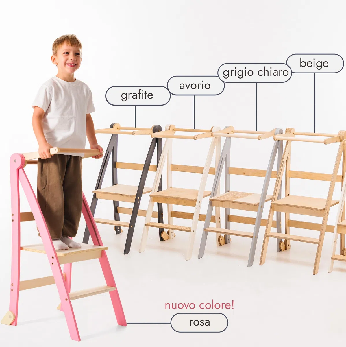 Goodevas Torre di apprendimento in legno Montessori salvaspazio : scala pieghevole in pelle, sgabello per bambini, scala pieghevole per bambini, scala di apprendimento con protezione antiribaltamento