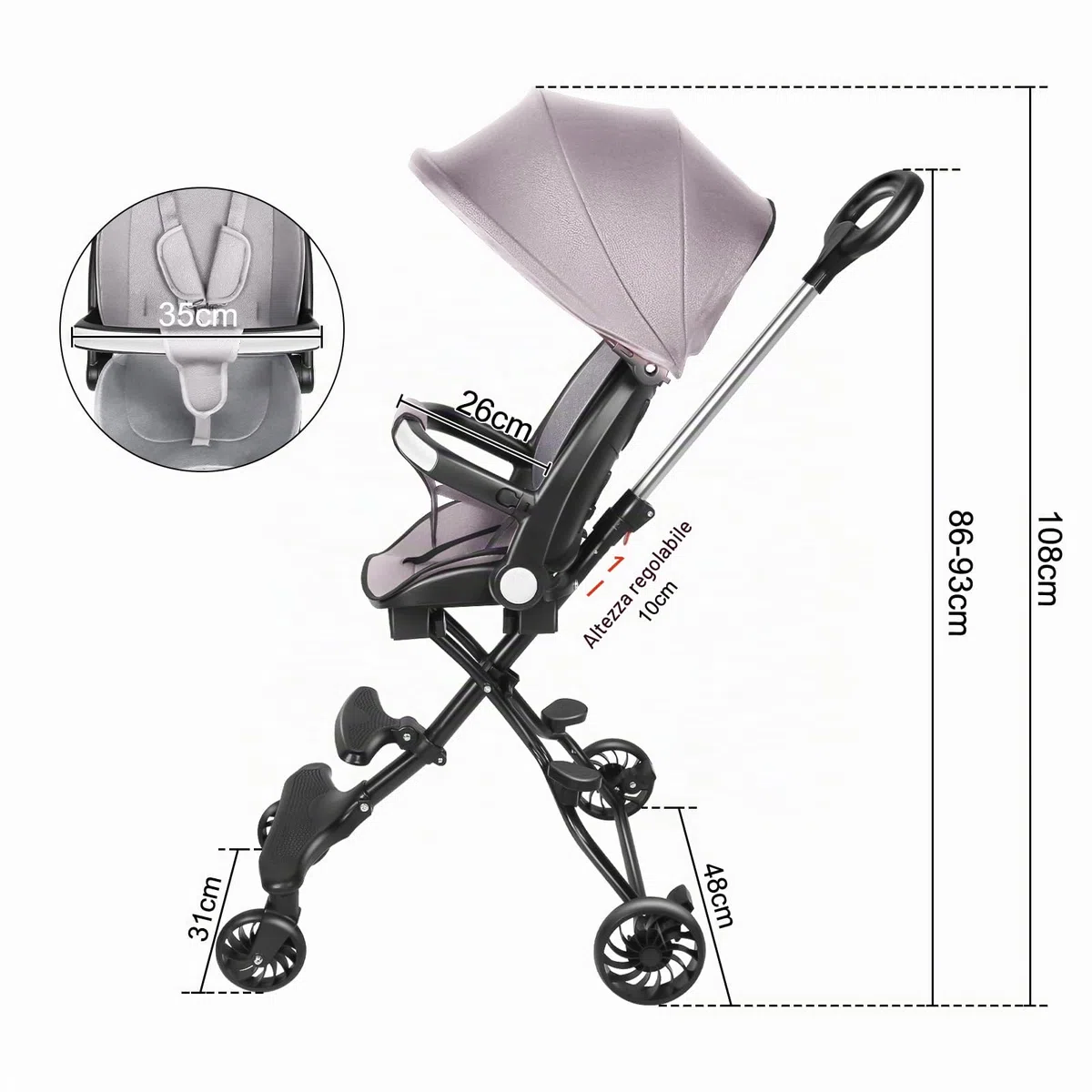 Passeggino Canne, 0-4 anni, 0-25 kg, leggero e compatto, posizione allungata, pieghevole automatico, 30 x 55 x 86,5 cm, grigio