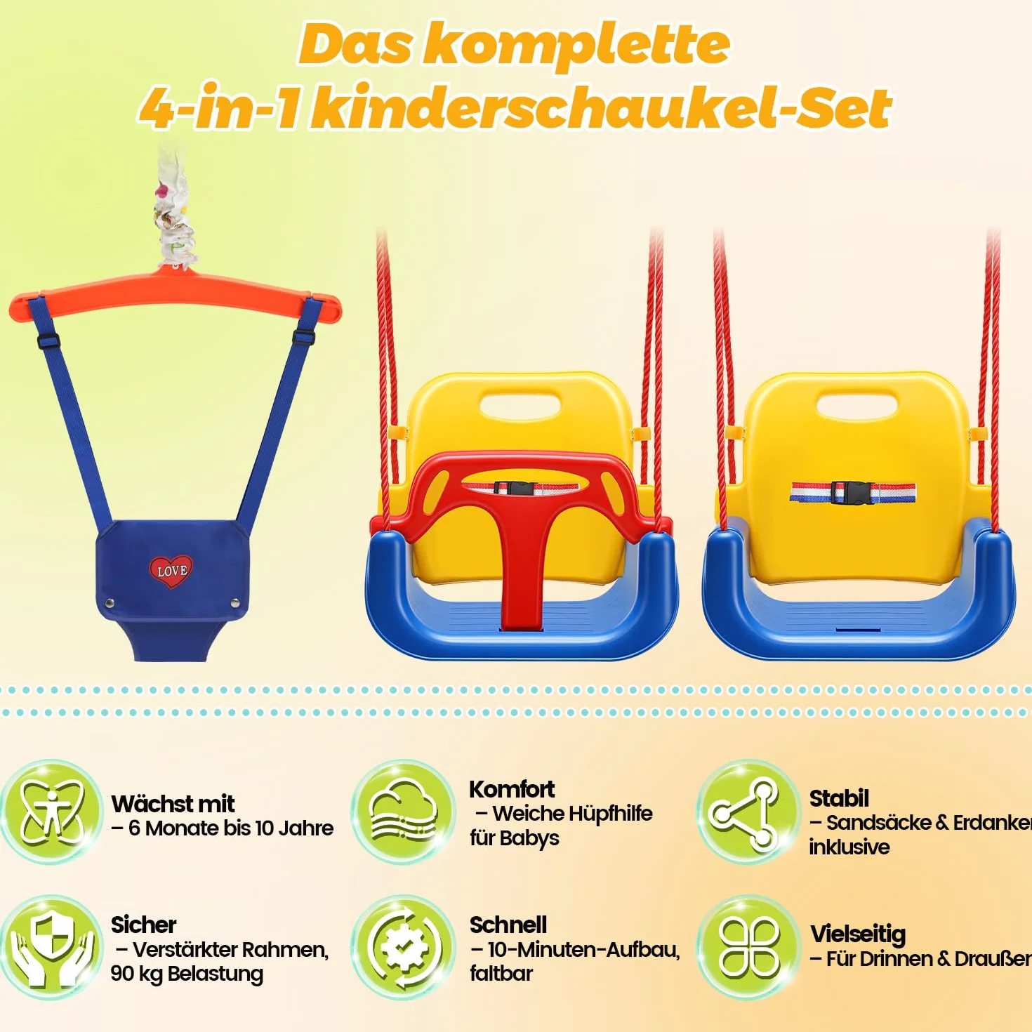 Altalena per bambini, 4 in 1, con telaio – Altalena per bambini, con cintura di sicurezza, pieghevole e 4 sacchi di sabbia, per interni ed esterni, facile da montare