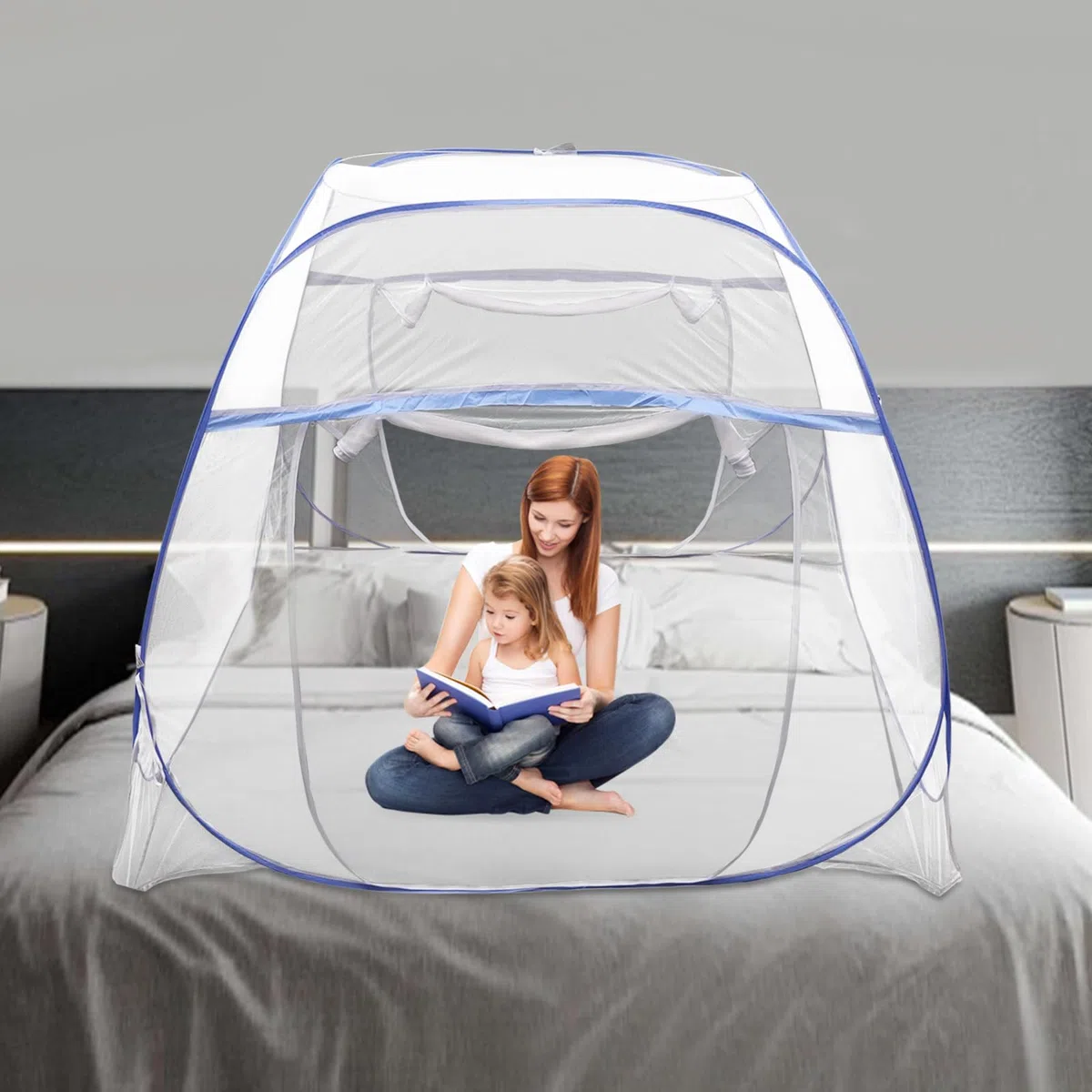 Zanzariera per letto pop-up a doppia porta, portatile, con bordo a doppia porta, tenda da campeggio, 198 x 180 x 160 cm, blu, per attività all'aperto, campeggio, viaggi, camera da letto